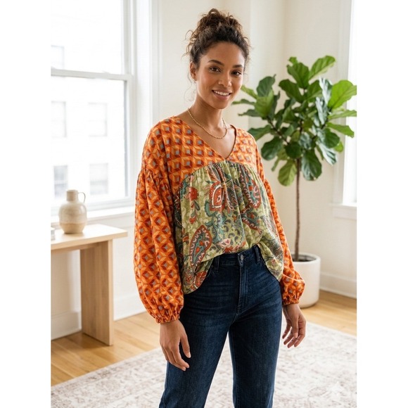 BUCKETLIST Tops - Bucketlist Mixed Print Paisley Geometric V-Neck Blouse Orange Green Small
